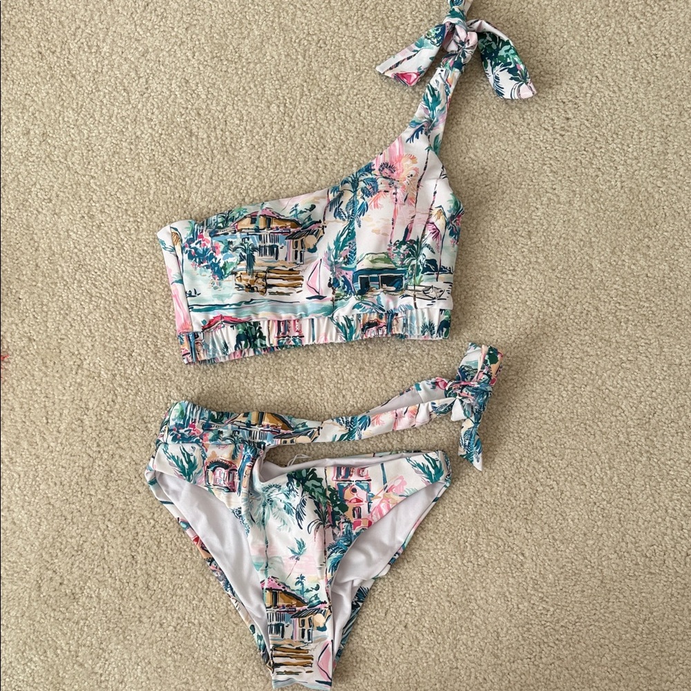 Tropical Print One-Shoulder Bikini